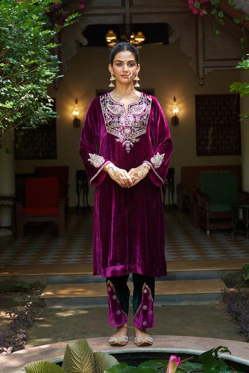 Zooni velvet Deep orchid embroidered kurta with patchwork salwar ( set of 2) RTS