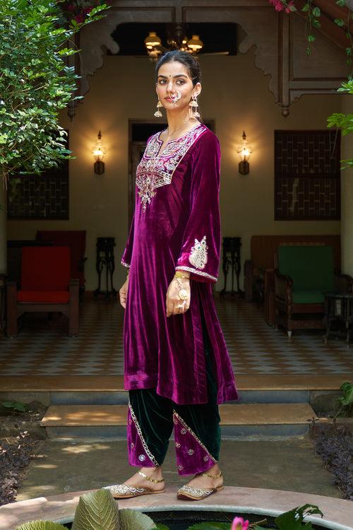 Zooni velvet Deep orchid embroidered kurta with patchwork salwar ( set of 2) RTS