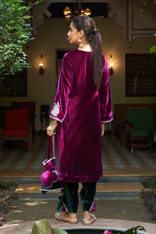 Zooni velvet Deep orchid embroidered kurta with patchwork salwar ( set of 2) RTS