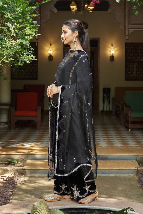 Zooni velvet Black embroidered choga with salwar and dupatta ( set of 3) RTS