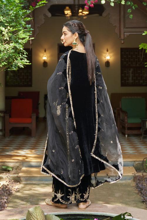 Zooni velvet Black embroidered choga with salwar and dupatta ( set of 3) RTS