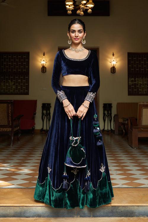 Zooni velvet Blue and green patch work lehenga with blouse and shawl( set of 3) RTS