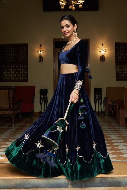 Zooni velvet Blue and green patch work lehenga with blouse and shawl( set of 3) RTS