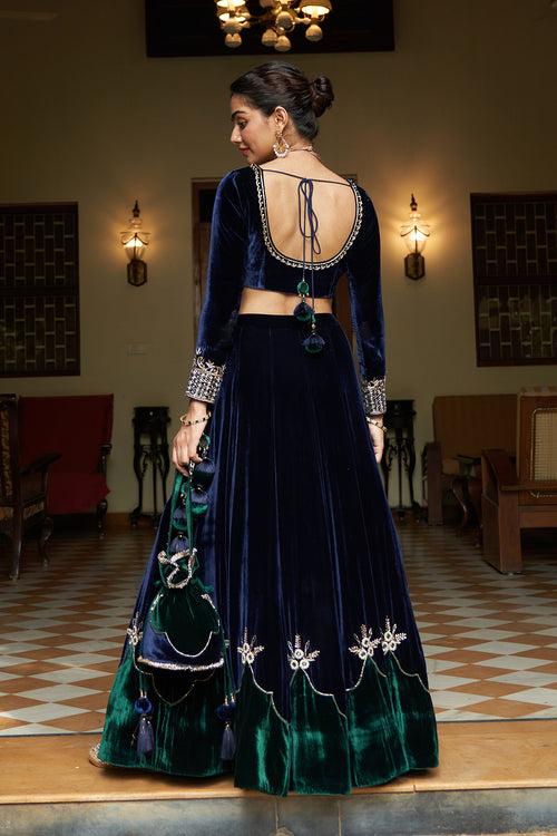 Zooni velvet Blue and green patch work lehenga with blouse and shawl( set of 3) RTS