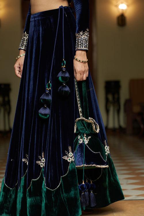 Zooni velvet Blue and green patch work lehenga with blouse and shawl( set of 3) RTS