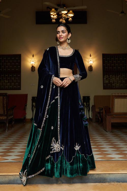 Zooni velvet Blue and green patch work lehenga with blouse and shawl( set of 3) RTS