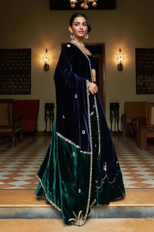 Zooni velvet Blue and green patch work lehenga with blouse and shawl( set of 3) RTS