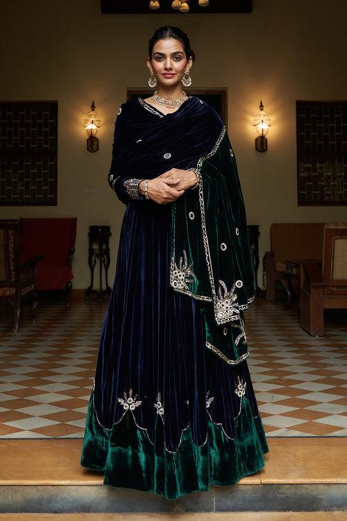 Zooni velvet Blue and green patch work lehenga with blouse and shawl( set of 3) RTS