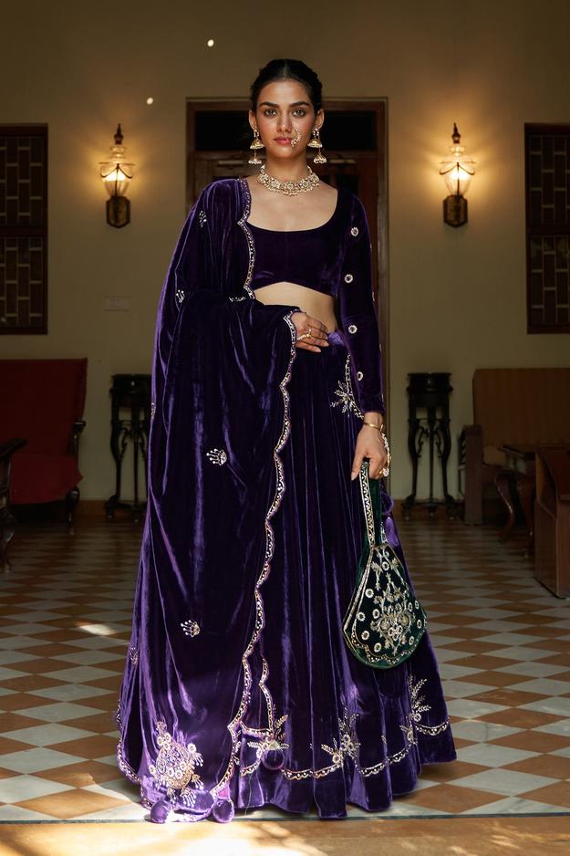 Zooni Purple velvet lehenga with blouse and shawl ( set of 3) RTS