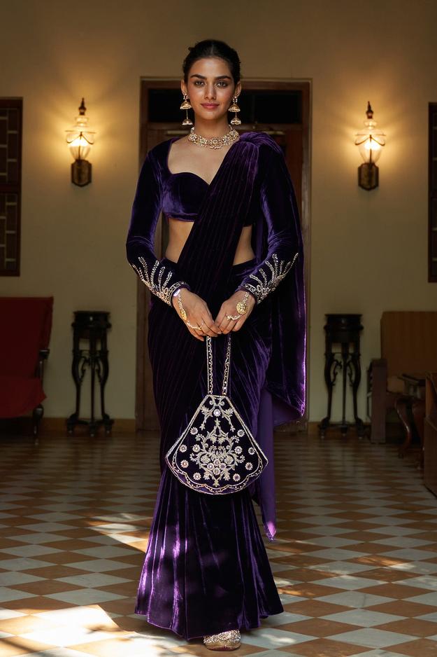 Zooni Purple velvet draped saree with blouse( set of 2) RTS