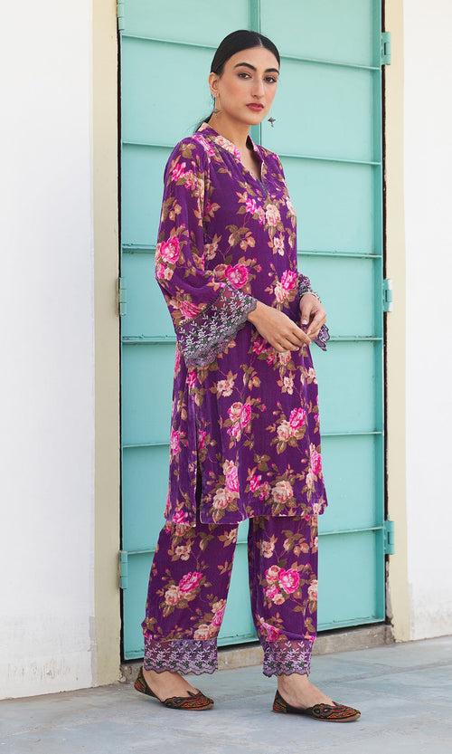 Makhmal Velvet Purple Co- Ord Bell Sleeves Kurta With Salwar(Set Of 2) RTS