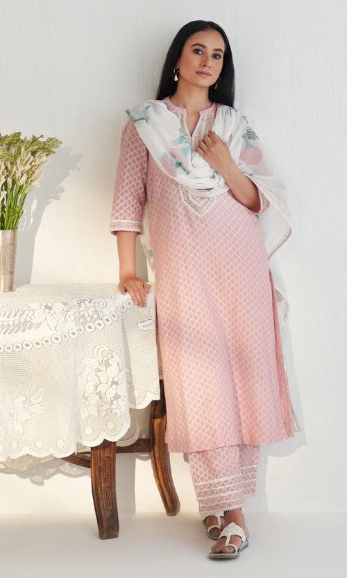 Bahameen 2 Pink Solid Straight Kurta With Palazzo And Block Printed Dupatta ( Set Of 3) RTS