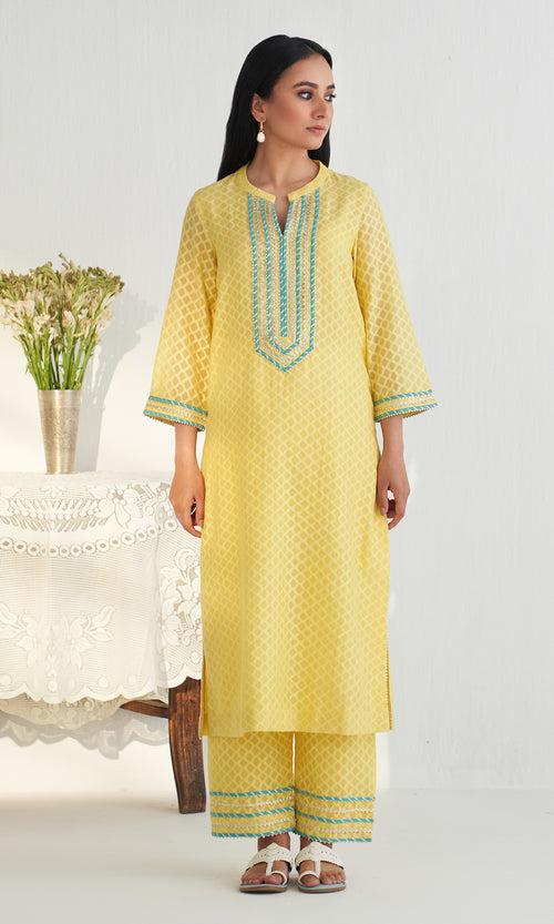 Bahameen 2 Yellow Solid Straight Kurta With Palazzo And Block Printed Dupatta ( Set Of 3)