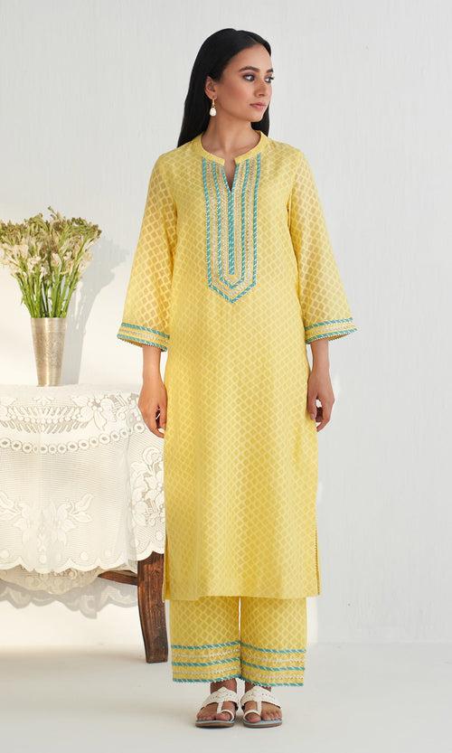 Bahameen 2 Yellow Solid Straight Kurta With Palazzo And Block Printed Dupatta ( Set Of 3) RTS