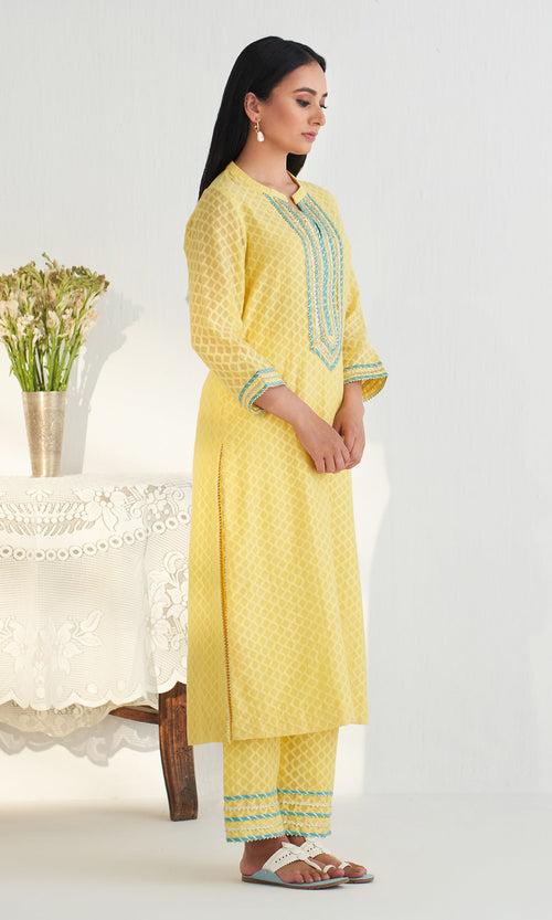 Bahameen 2 Yellow Solid Straight Kurta With Palazzo And Block Printed Dupatta ( Set Of 3) RTS