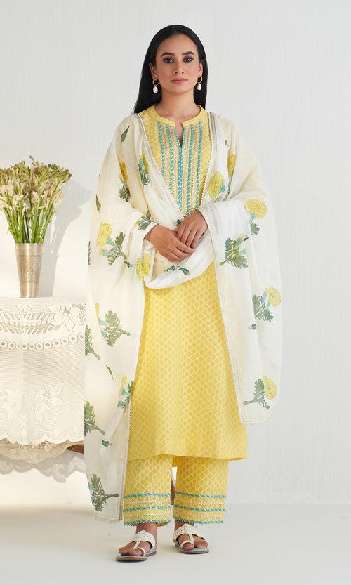 Bahameen 2 Yellow Solid Straight Kurta With Palazzo And Block Printed Dupatta ( Set Of 3)