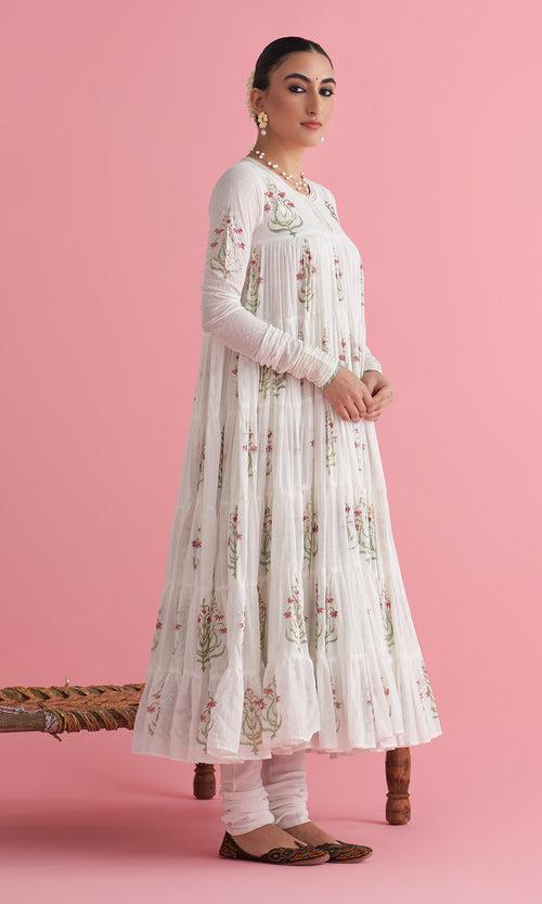 Apala Ivory Foil Print Boota Tiered Anarkali with Chooridar and Dupatta (set of 3)