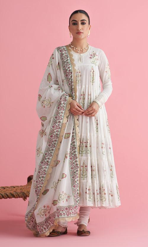 Apala Ivory Foil Print Boota Tiered Anarkali with Chooridar and Dupatta (set of 3)