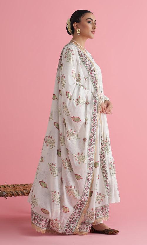 Apala Ivory Foil Print Boota Tiered Anarkali with Chooridar and Dupatta (set of 3)