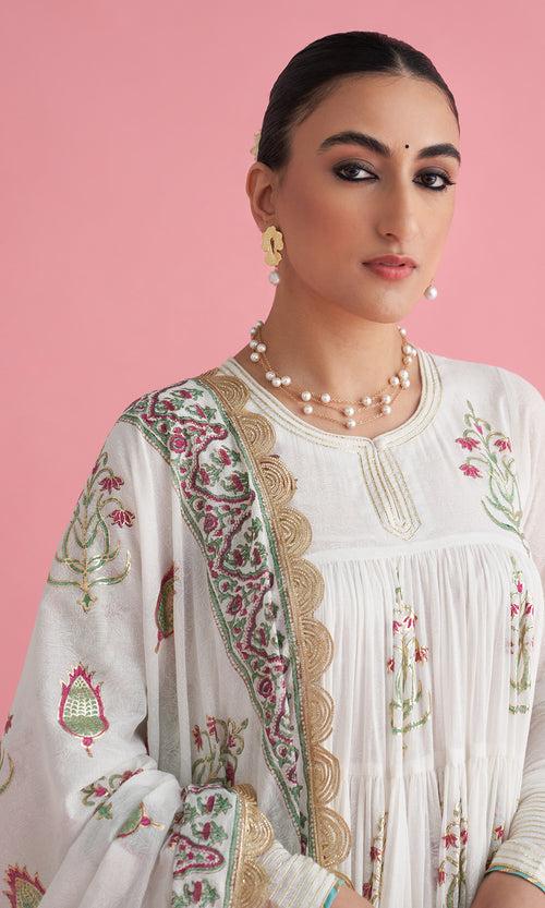 Apala Ivory Foil Print Boota Tiered Anarkali with Chooridar and Dupatta (set of 3)