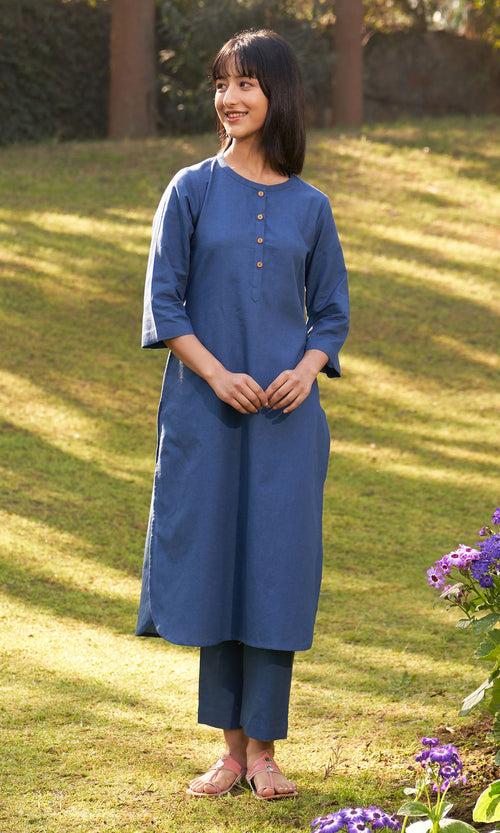 Iris Linen Blue Solid Kurta With Pants And Stole( Set Of 3) RTS