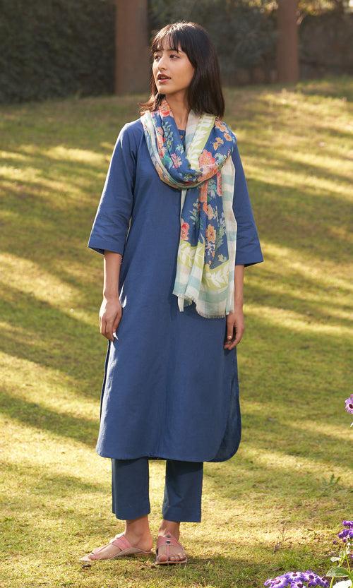 Iris Linen Blue Solid Kurta With Pants And Stole( Set Of 3)