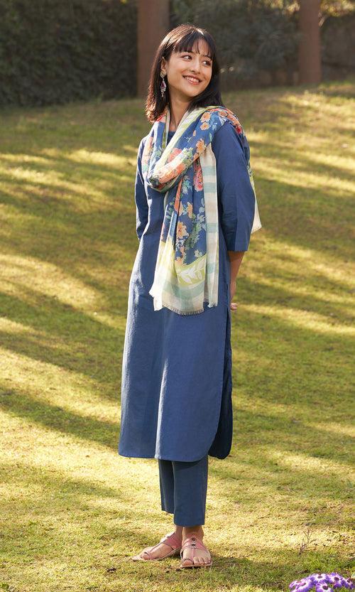 Iris Linen Blue Solid Kurta With Pants And Stole( Set Of 3)