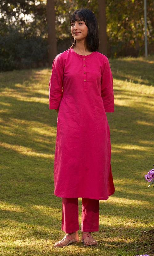 Iris Linen Fuschia Pink Solid Kurta With Pants And Stole( Set Of 3) RTS