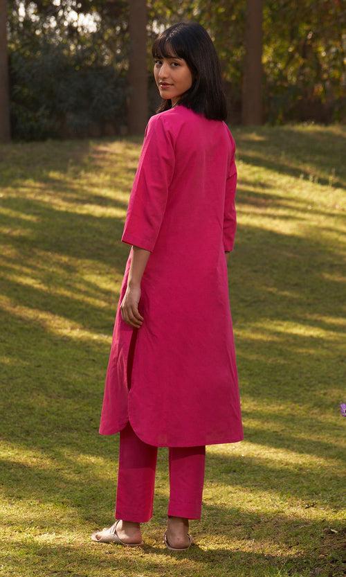 Iris Linen Fuschia Pink Solid Kurta With Pants And Stole( Set Of 3) RTS