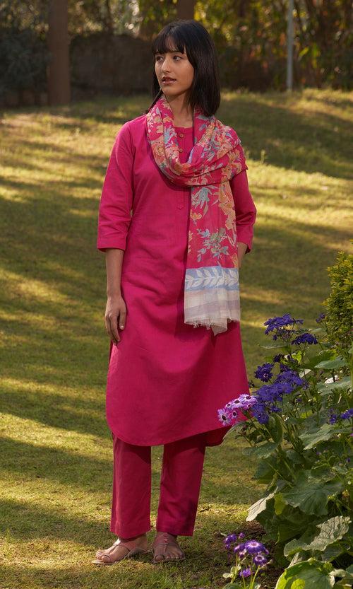 Iris Linen Fuschia Pink Solid Kurta With Pants And Stole( Set Of 3) RTS