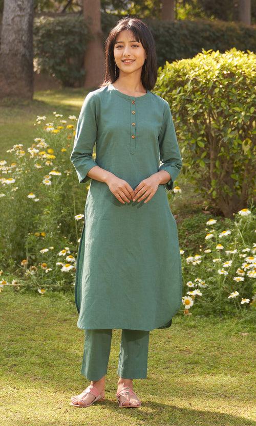 Iris Linen Green Solid Kurta With Pants( Set Of 2)