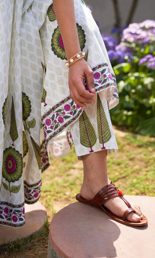 Summer Block Prints Ivory Anarkali With Palazzo And Dupatta (Set Of 3) RTS