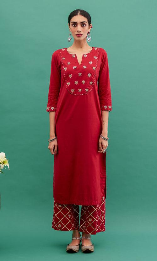 Maham Red Embroidered Kurta With Palazzo And Dupatta - Set Of 3 RTS