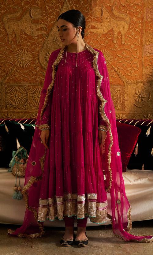 Phillauri  Rani Pink Tiered Anarkali With Chooridar And Dupatta - Set Of 3 RTS