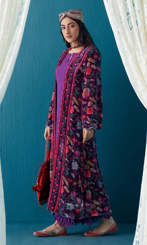 Khizaan Chintz Plum Velvet Jacket  Set Of 3 - RTS