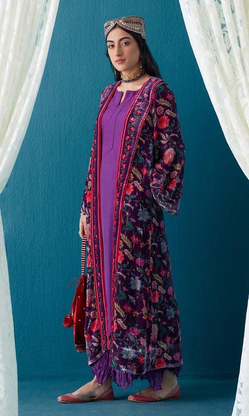 Khizaan Chintz Plum Velvet Jacket  Set Of 3 - RTS