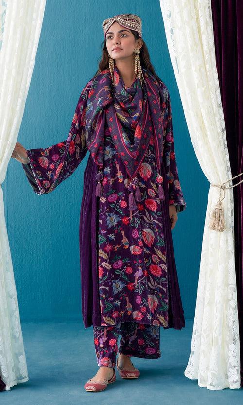 Khizaan Chintz Plum Velvet Choga Set  With Silk Scarf Set Of 3 - RTS