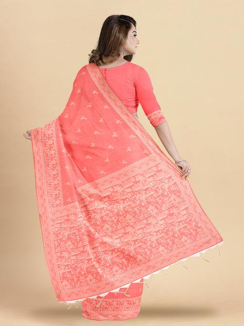 Women Elegant Look Pinkish Orange Semi Raw Silk Weaving Saree - SRS36