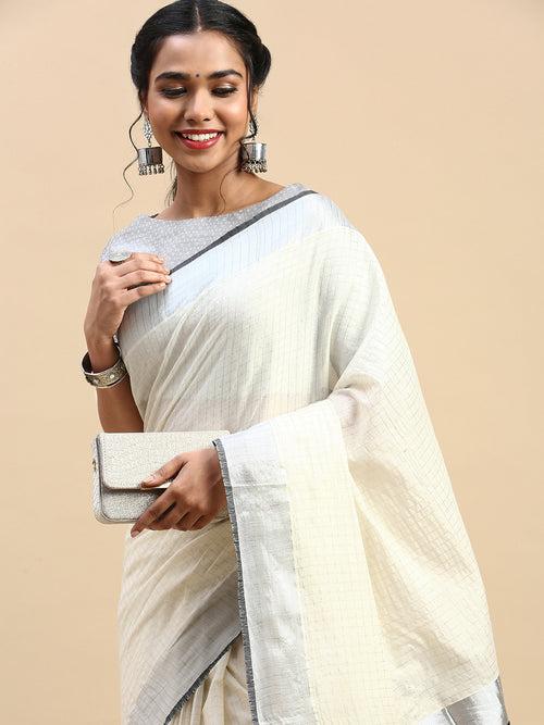 Kerala Saree Cream Silver & Black Colour  Jari Border KS86