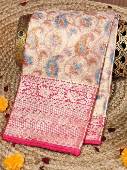 Women Semi Silk Tissue Weaving Saree Gold with Pink -SS127