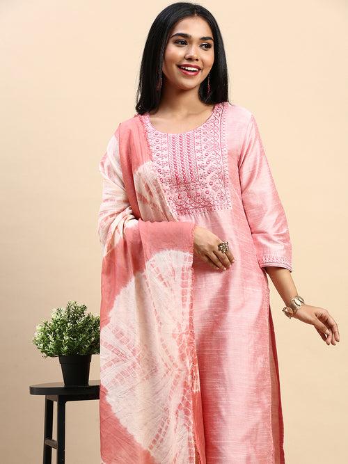 Women Cotton Embroidered Round Neck Straight Cut Pink Kurti EK42