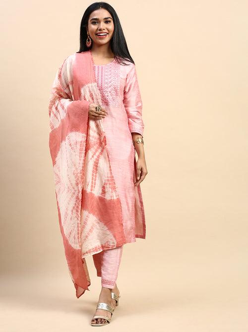 Women Cotton Embroidered Round Neck Straight Cut Pink Kurti EK42