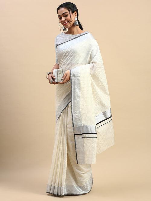 Kerala Saree Cream Silver & Black Colour  Jari Border KS86