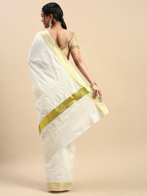 Kerala Saree Cream Gold Jari Border with Checked self design  KS90