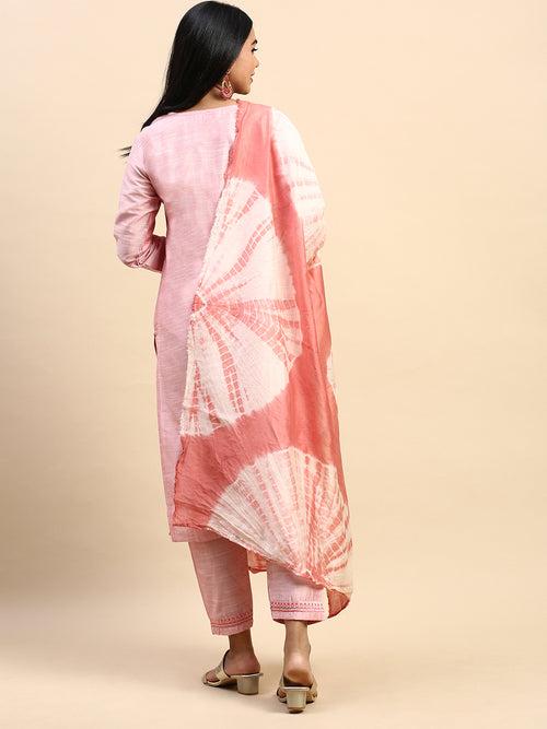 Women Cotton Embroidered Round Neck Straight Cut Pink Kurti EK42