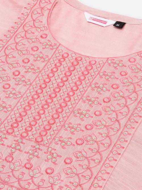 Women Cotton Embroidered Round Neck Straight Cut Pink Kurti EK42