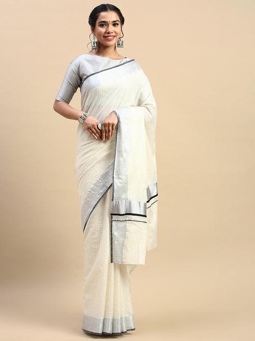 Kerala Saree Cream Silver & Black Colour  Jari Border KS86