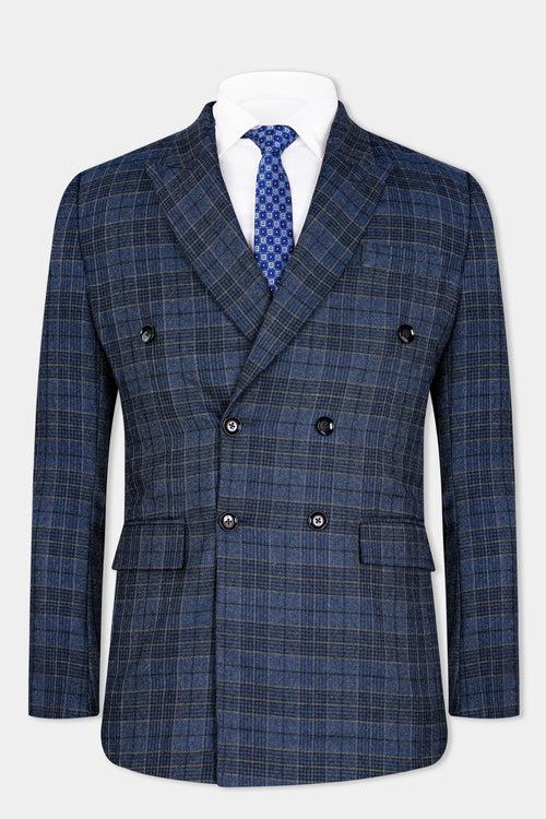 Aegean Blue and Ebony Clay Blue Plaid Tweed Double Breasted Blazer