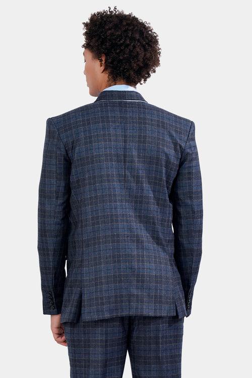 Aegean Blue and Ebony Clay Blue Plaid Tweed Double Breasted Blazer