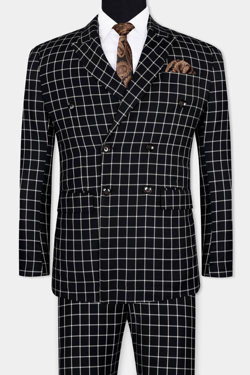 Jade Black and White Checkered Wool Rich Double Breasted Suit